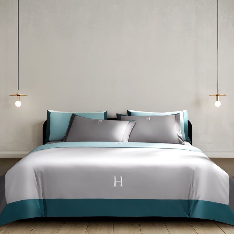 Light Luxury Solid Color 60 Long-Staple Cotton Letter Embroidery Four-Piece Set - Mylovelyhomedecor - Home decor